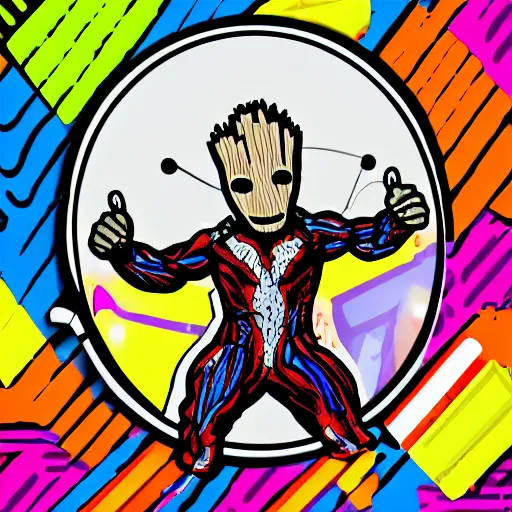 Image similar to svg sticker of a Pop-Wonder Groot-Marvel-Avenger at a rave, spinning records, giant headphones rocking out, wearing headphones, huge speakers, dancing, rave, DJ, spinning records, digital art, amazing composition, rule-of-thirds, award-winning, trending on artstation, featured on deviantart