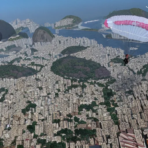 Image similar to view while parachuting down towards the slums of Rio, highly detailed, realistic