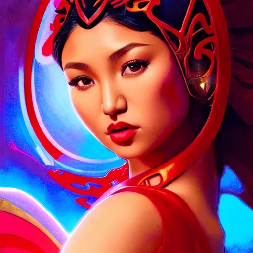 Image similar to nadine lustre as darna, volumetric lights, red and cyan theme, art nouveau botanicals, intricate, highly detailed, digital painting, artstation, concept art, smooth, sharp focus, cinematic, illustration, beautiful face, art by artgerm and greg rutkowski and alphonse mucha