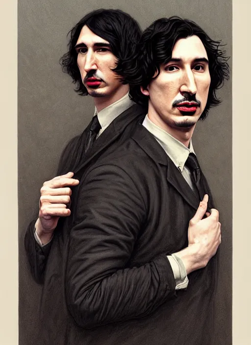 Image similar to painting of both john oliver and adam driver together, john oliver, adam driver, stoic, full body, military uniform, fantasy, intricate, elegant, beautiful, highly detailed, charcoal, centered, dark, smokey, digital painting, concept art, smooth, sharp focus, illustration, art by artgerm, art by greg rutkowski, art by alphonse mucha