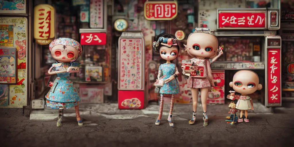 Prompt: closeup portrait of tin toy retro tokyo corner store diorama, depth of field, f 3 2, zeiss lens, detailed, centered, fashion photoshoot, by nicoletta ceccoli, mark ryden, lostfish, breathtaking, 8 k resolution, extremely detailed, beautiful, establishing shot, artistic, hyperrealistic, octane render, - h 8 0 4