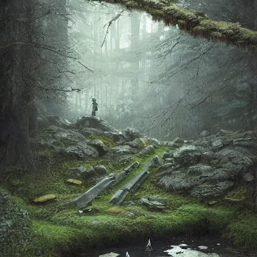 Image similar to ancient stone roboter overgrown with moss and farn resting beside a pond inside a forest, oil painting, by Greg Rutkowski