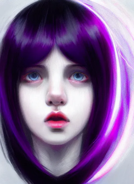 Image similar to hair whitebangs hair, black hair, blackbangswhitehair, portrait of teenage girl with white bangs, red irises, purple clothes, white bangs, bangs are different color from hair, intricate, elegant, glowing lights, highly detailed, digital painting, artstation, concept art, sharp focus, illustration, art by wlop, mars ravelo and greg rutkowski