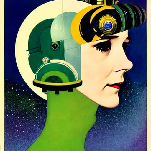 Prompt: art by coles phillips, eva green as a french astronaut from the year 2 5 0 0, blonde hair, blue makeup, green eyes, shiny helmet, mucha, kandinsky, art deco, dark deco,