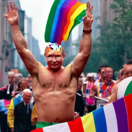 Prompt: putin in a pride parade lifted by large hairy men, film still, photography, high detail, 8 k, 4 k, focused