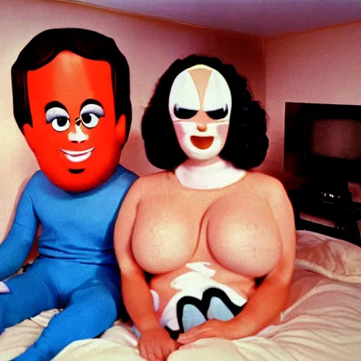 Image similar to bored housewife meets a man with an inflatable cartoon face in a seedy motel room, 1982 color Fellini film, archival footage, technicolor film, 16mm, live action, John Waters, wacky children's tv comedy