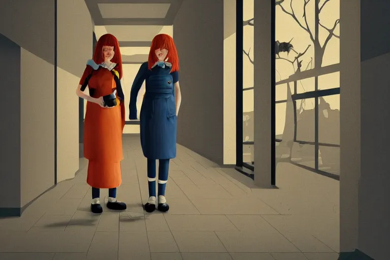 Image similar to scary ginger twin girls standing in an endless hallway, illustration, cute but scary, digital art, unique, trending on artstation, artistic, symmetrical, inspired by wes anderson