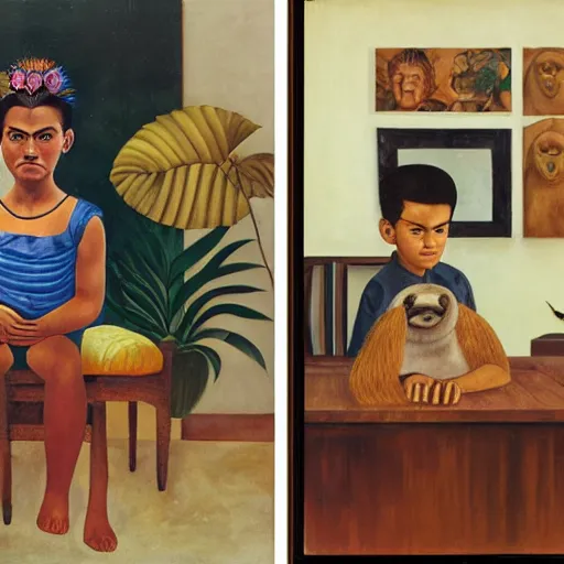 Image similar to oil painting, portrait of a boy with a sloth in a vintage office, mid - century modern design, painting by frida kahlo ( 1 9 3 2 ), from mexican modernism exhibition