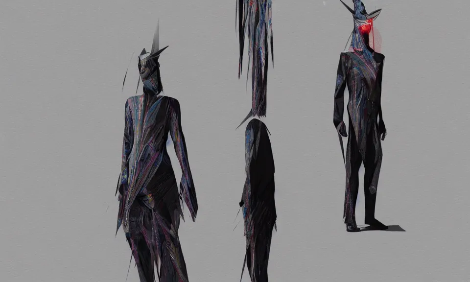 Image similar to modern shaman, modern minimal outfit by isei miyake, roger deakins, syd mead, triadic color scheme, bioluminiscent fabrics, concept art