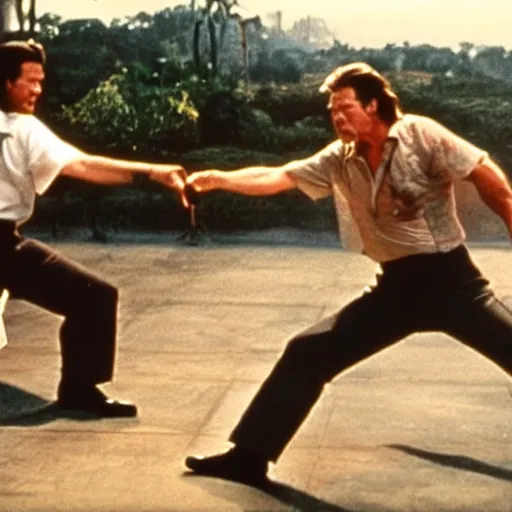 Image similar to cinematic still, Jack Burton throwing a knife at Lo Pan, amazing shot