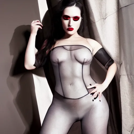 Prompt: Hot, grey skinned woman with void eyeballs, hourglass figure, and wearing leather over sheer fabric