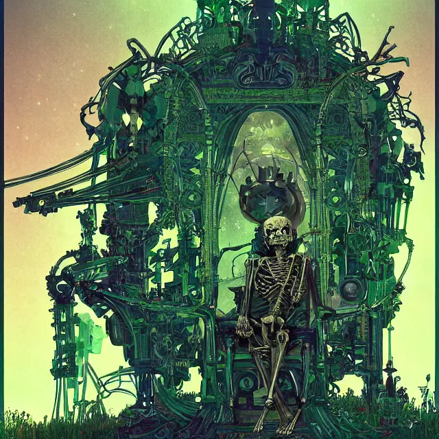 Image similar to a beautiful painting of a ( ( cybernetic ) ) skeleton king, resting on a throne of transparent green energy by simon stalenhag and pascal blanche and alphonse mucha! and nekro!. in style of digital art. colorful comic, film noirs!, symmetry, hyper detailed. octane render. trending on artstation