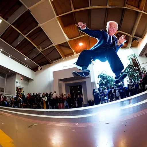 Prompt: joe biden doing a kickflip on a skateboard, fisheye lens