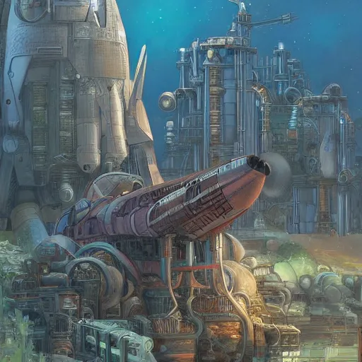 Image similar to rocket factory on ruined planet, moebius, mike mignogna, highly detailed, rich colors, artgerm, trending on artstation