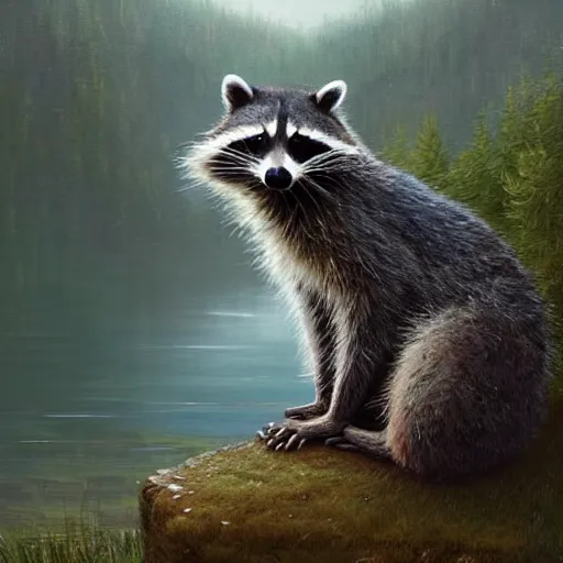 Image similar to A raccoon, wearing a robe, sad expression, sitting at a pond, mountainous area, trees in the background, oil painting, by Greg Rutkowski