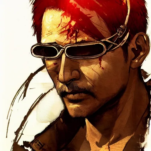 Image similar to portrait of sajtama by yoji shinkawa, high quality, english man, extra details, realism, ornate, colored, golden chain, blood, white skin, short hair, brown eyes, vivid, sunlight, red headband, black eyepatch, white american soldier, painting, cybernetics, military