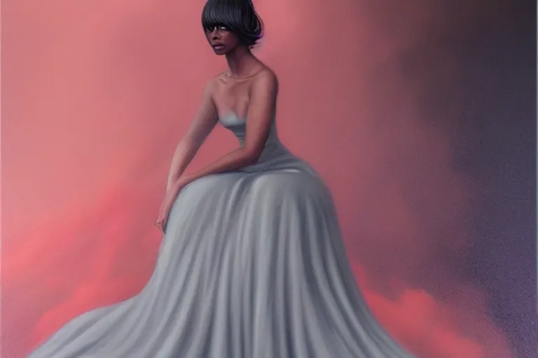 Image similar to ☁🌪🌙👩🏾, soft elegant gown, neon god of city character portrait, in the style of margaret keane, moebius, tom bagshaw, and waterhouse, cinematic lighting, beautiful, elegant, oil painting,