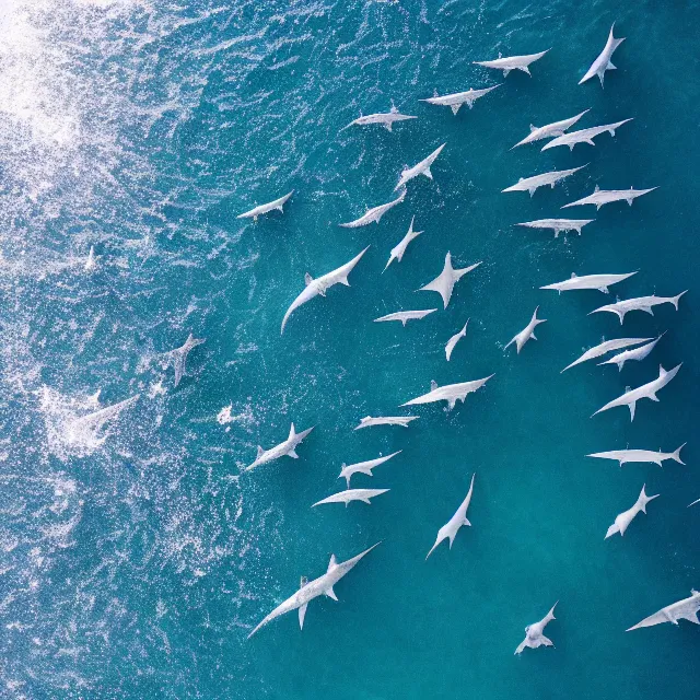 Prompt: looking down at thousands of hammerhead sharks, sharp focus, octane render