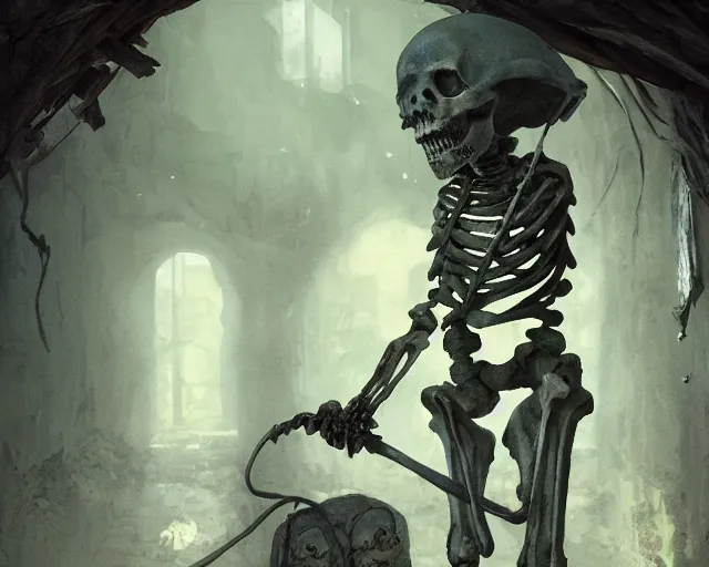 Image similar to close up of a skeleton chained up in a corner of an old abandoned dungeon, very little moss, dark, ancient. Atmospheric lighting, By Makoto Shinkai, Stanley Artgerm Lau, WLOP, Rossdraws, James Jean, Andrei Riabovitchev, Marc Simonetti, krenz cushart, Sakimichan, D&D trending on ArtStation, digital art.