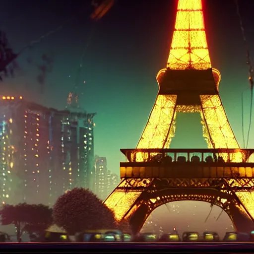 Image similar to A beautiful intricate 8K award-winning ground-level cinematic movie photograph of the future destroyed and decaying Eiffel Tower, surrounded by neon and collapsing corporate video billboard displays. in the year 2050, by Bruno Delbonnel and greg rutkowski. octane render, Arri Alexa 65. Cinematic lighting