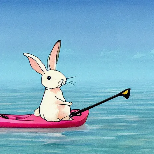 Image similar to a rabbit paddling a kayak in the style of studio ghibli