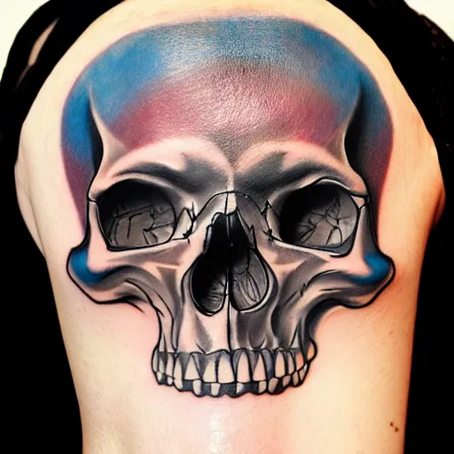 Prompt: a photo of a healed tattoo showing a colorful skull with its mouth open