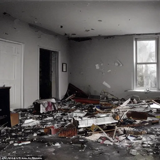 Image similar to The digital art shows a scene of total destruction. A room has been completely wrecked, with furniture overturned, belongings strewn about, and debris everywhere. The only thing left intact is a single photograph on the wall. This photograph is the only evidence of what the room once looked like. It shows a tidy, well-appointed space, with everything in its place. The contrast between the two images is stark, and it is clear that the destruction was complete and absolute. 2010s by Robert Irwin rigorous