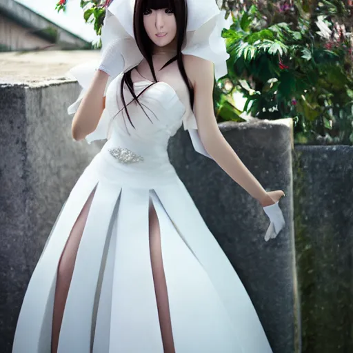 Prompt: orihime wearing wedding dress by wlop