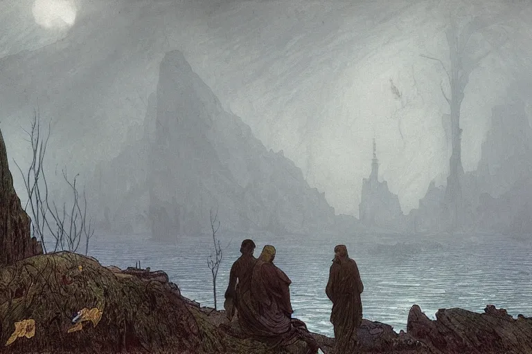 Image similar to a grey mushy organic leviathan rising from the water at a sea shore, foggy day, cinematic scene, matte paitning, grey shift, scp, art by caspar david friedrich and alphonse mucha