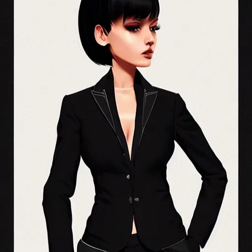 Image similar to slim girl in tuxedo with short black hair, elegant, 2d, ultra highly detailed, digital painting, smooth, sharp focus, artstation, art by Ilya Kuvshinov