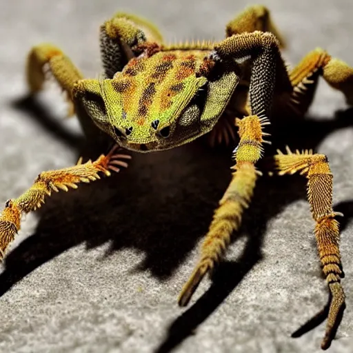 Image similar to the head of a lizard photoshopped onto a tarantula's body, full - body shot
