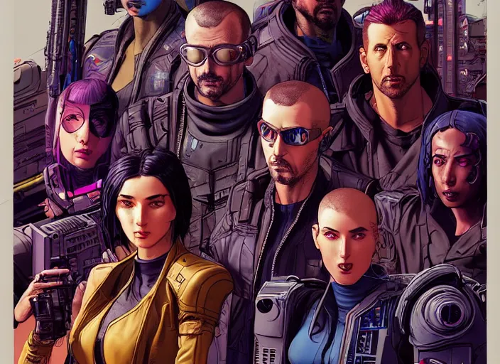 Prompt: cyberpunk kill team. portrait by stonehouse and mœbius and will eisner and gil elvgren and pixar. character design. realistic proportions. cyberpunk 2 0 7 7 character art, blade runner 2 0 4 9 concept art. cel shading. attractive face. thick lines. the team. diverse characters. shadowrun. artstationhq.
