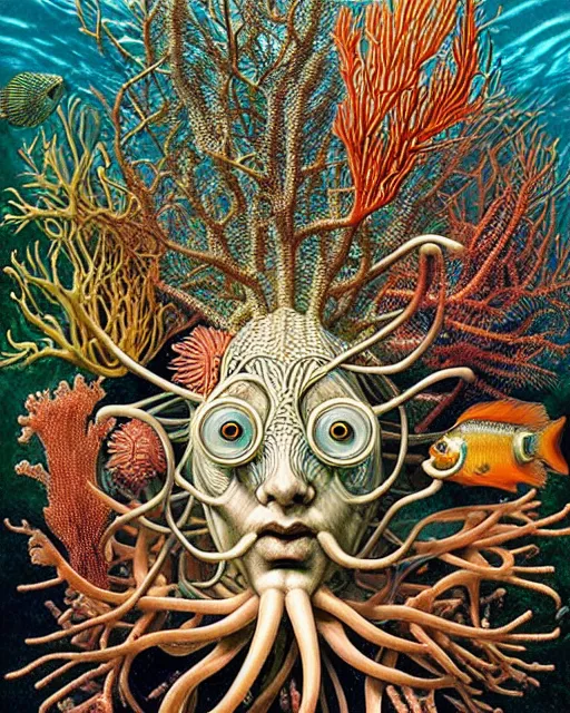 Image similar to hyperrealistic detailed underwater face portrait of the beautiful god of the fish with an intricate headgear of corals, sea kelp, sea plants, fish, starfish, jellyfish, art by ernst haeckel, hieronymus bosch, james jean, gothic, neo - gothic, ornamental, beautiful deep colours,