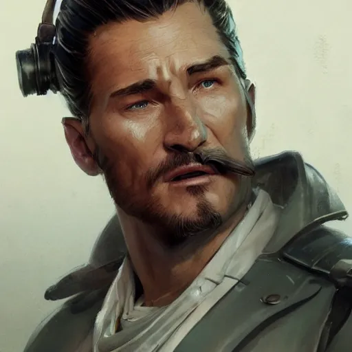 Image similar to a highly detailed epic cinematic concept art CG render digital painting artwork costume design: Errol Flynn as a 1950s sly army mechanic engineer with a thick stubble. By Greg Rutkowski, Ilya Kuvshinov, WLOP, Stanley Artgerm Lau, Ruan Jia and Fenghua Zhong, trending on ArtStation, subtle muted cinematic colors, made in Maya, Blender and Photoshop, octane render, excellent composition, cinematic atmosphere, dynamic dramatic cinematic lighting, aesthetic, very inspirational, arthouse