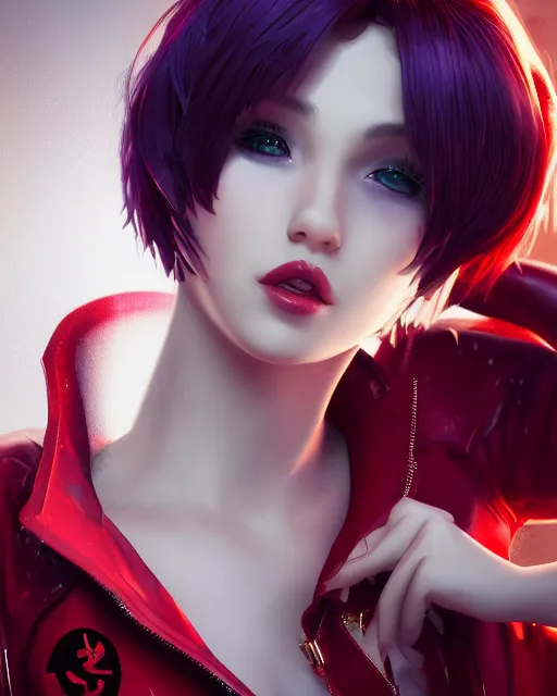 Image similar to a girl with short red hair, cool, vi from arcane, league of legends, fighter, cool red jacket, tattoo, beautiful, 3 d, potrait, art staion, studio light, closeup shot, octane render, wlop