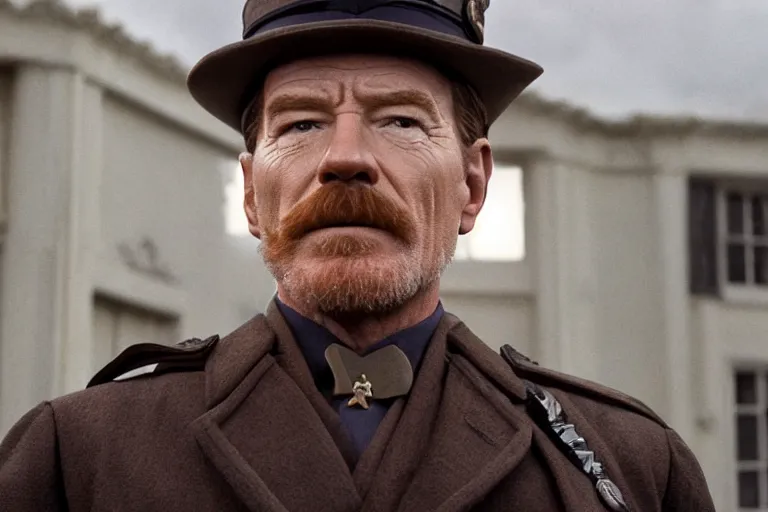 Image similar to wide-shot concept image of bryan cranston as a constable in a movie directed by Wes Anderson, symmetrical shot, idiosyncratic, relentlessly detailed, pastel colour palette, detailed perfect face, movie still frame, promotional image, imax 70mm footage