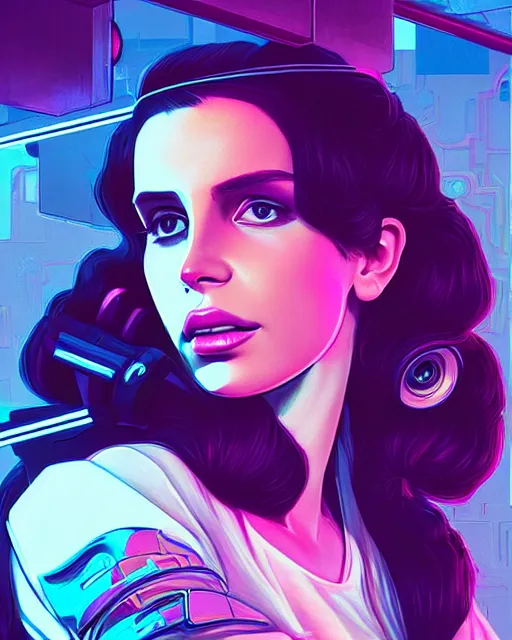 Prompt: portrait of lana del rey as a cyborg. realist abstract. key art. cyberpunk, blue and pink, intricate artwork. cyberpunk augmentations art by tooth wu, wlop, beeple, dan mumford. 8 k octane render, trending on artstation, greg rutkowski very coherent symmetrical artwork. cinematic, hyperrealism, very detailed, iridescent accents