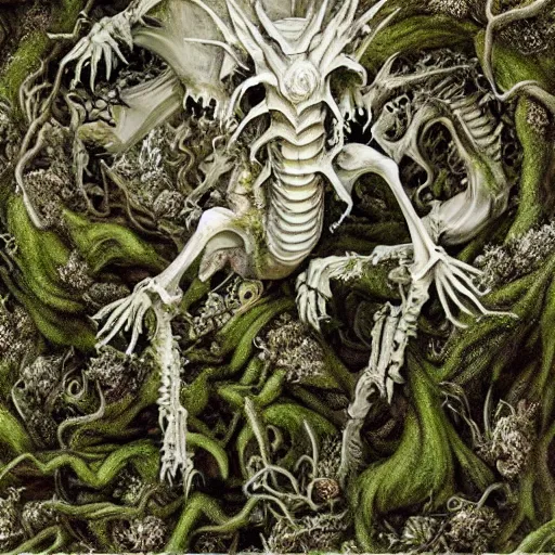 Image similar to white dragon skeleton covered in moss and flowers, intricate details, hyperrealistic, hr giger