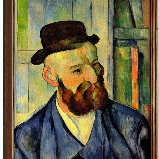 Prompt: Dimly lit library with wide shelves. On the side is a 20 year old bald man with a short length full brown beard and vibrant blue eyes sitting with gloom and depression. Dark. Post-impressionist painting. Cézanne.