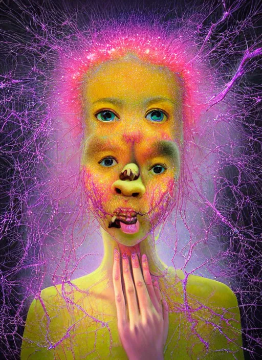 Image similar to hyper detailed emotional 3d render like a Oil painting - Aurora (Singer) looking adorable and seen joyfully Eating of the Strangling network of muted yellowcake aerochrome cracks and milky Fruit and Her delicate Hands hold of gossamer polyp blossoms bring iridescent fungal flowers whose spores black the foolish stars to her adorable smirking mouth by Jacek Yerka, Mariusz Lewandowski, Houdini algorithmic generative render, Abstract brush strokes, Masterpiece, Edward Hopper and James Gilleard, Zdzislaw Beksinski, Mark Ryden, Wolfgang Lettl, hints of Yayoi Kasuma, octane render, 8k
