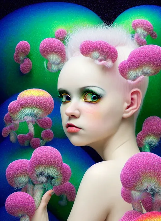 Prompt: hyper detailed 3d render like a Oil painting - kawaii portrait Aurora (white haired Singer Ferret) seen Eating of the Strangling network of yellowcake aerochrome and milky Fruit and Her delicate Hands hold of gossamer polyp blossoms bring iridescent fungal flowers whose spores black the foolish stars by Jacek Yerka, Mariusz Lewandowski, Houdini algorithmic generative render, Abstract brush strokes, Masterpiece, Edward Hopper and James Gilleard, Zdzislaw Beksinski, Mark Ryden, Wolfgang Lettl, hints of Yayoi Kasuma, octane render, 8k