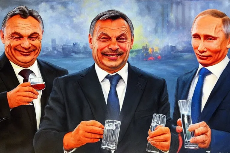 Image similar to viktor orban winking and drinking champagne with putin in front a burning city, hyper realistic painting