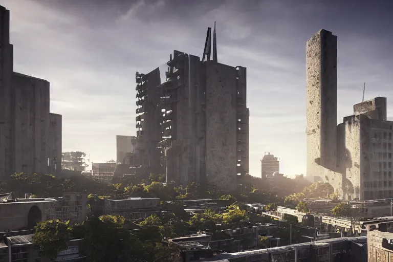 Image similar to streetscape, a towering cathedral of brutalist architecture, buildings covered with greebles, stunning volumetric light, sunset, metal, concrete and translucent material, stunning skies, majestic landscape, trending on Artstation, 8k, photorealistic, hyper detailed, unreal engine 5, IMAX quality, cinematic, epic lighting, in the style of Greg Rutkowski