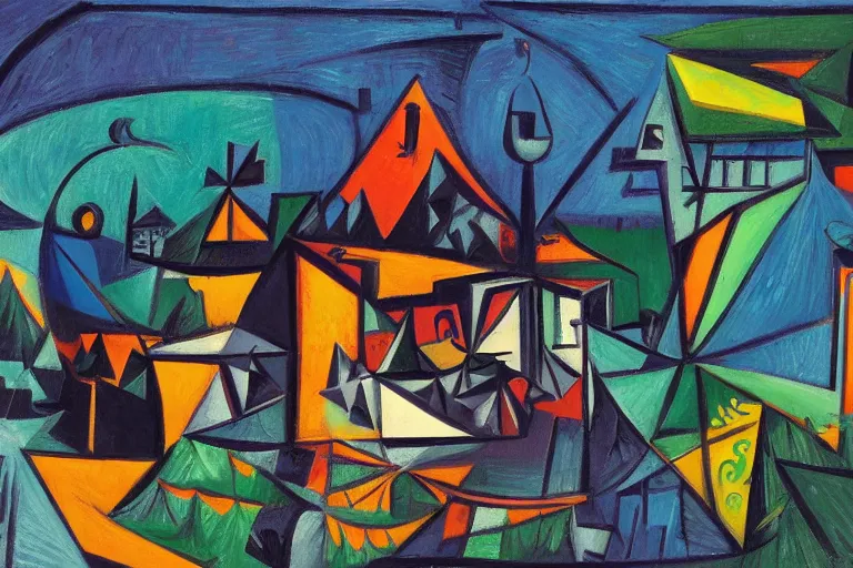 Prompt: witch hut, smooth, cinematic, high quality, high resolution, 4 k, cubist painting by picasso