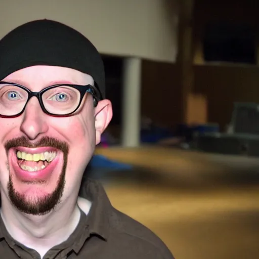 Prompt: doug walker with an insane smile