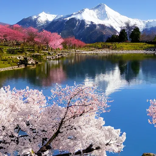 Image similar to Sakura plant forest and lakes with snow mountains at the background