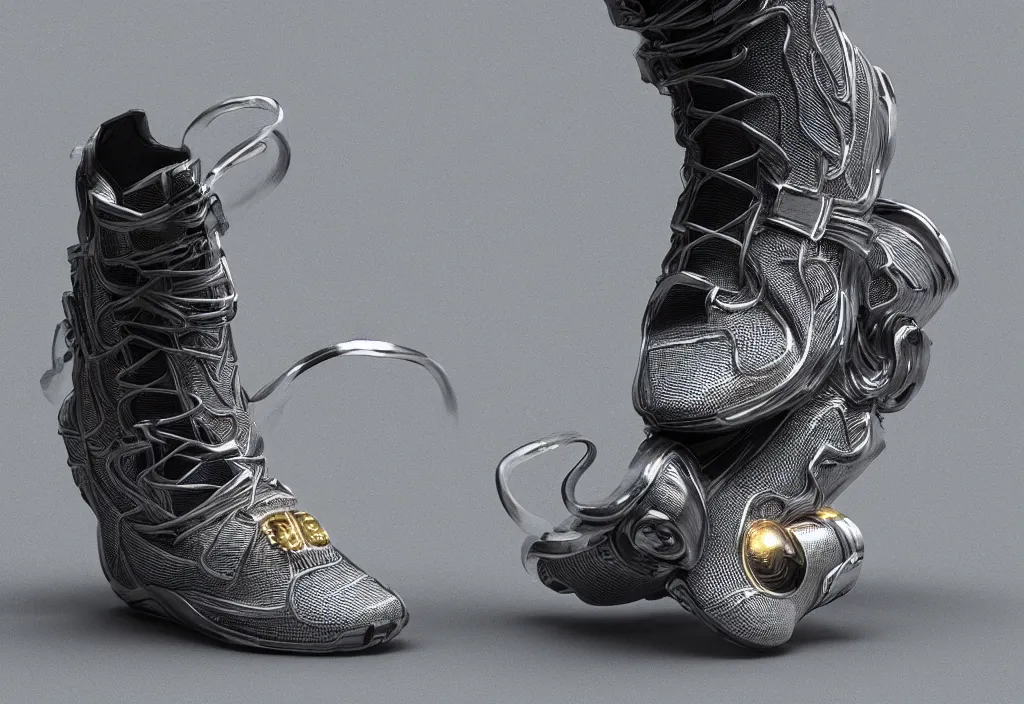 Image similar to one futuristic high - top sneaker with neon illuminated soles on a grey surface, clean 3 d render, beautiful studio lighting, soft, sharp focus, cyberpunk, intricate detail, gold filigree, soft rubber, octane render, trending on artstation, deviantart, art by iris van herpen and syd mead and giger