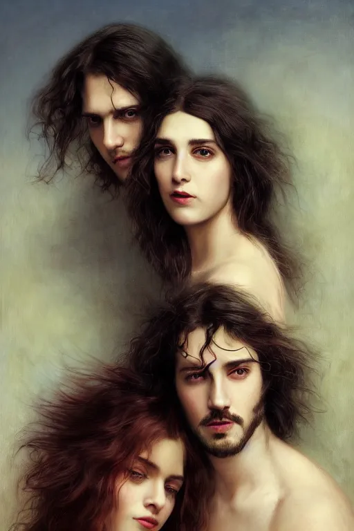 Image similar to a portrait of handsome young male rock star with long hair and his elegant beautiful bohemian wife, bored, illustration, dramatic lighting, soft details, painting oil on canvas, art nouveau, octane render, HDR, 4k, 8k, HD, by Edmund Blair Leighton, Brom, Charlie Bowater, trending on artstation, faces by Tom Bagshaw, Sargent