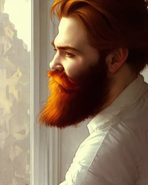 Image similar to attractive red - headed bearded man wearing a white shirt looking out the window expectantly, a smile on his lips, highly detailed, digital painting, artstation, concept art, smooth, sharp focus, illustration, art by artgerm, greg rutkowski, alphonse mucha, j. c. leyendecker