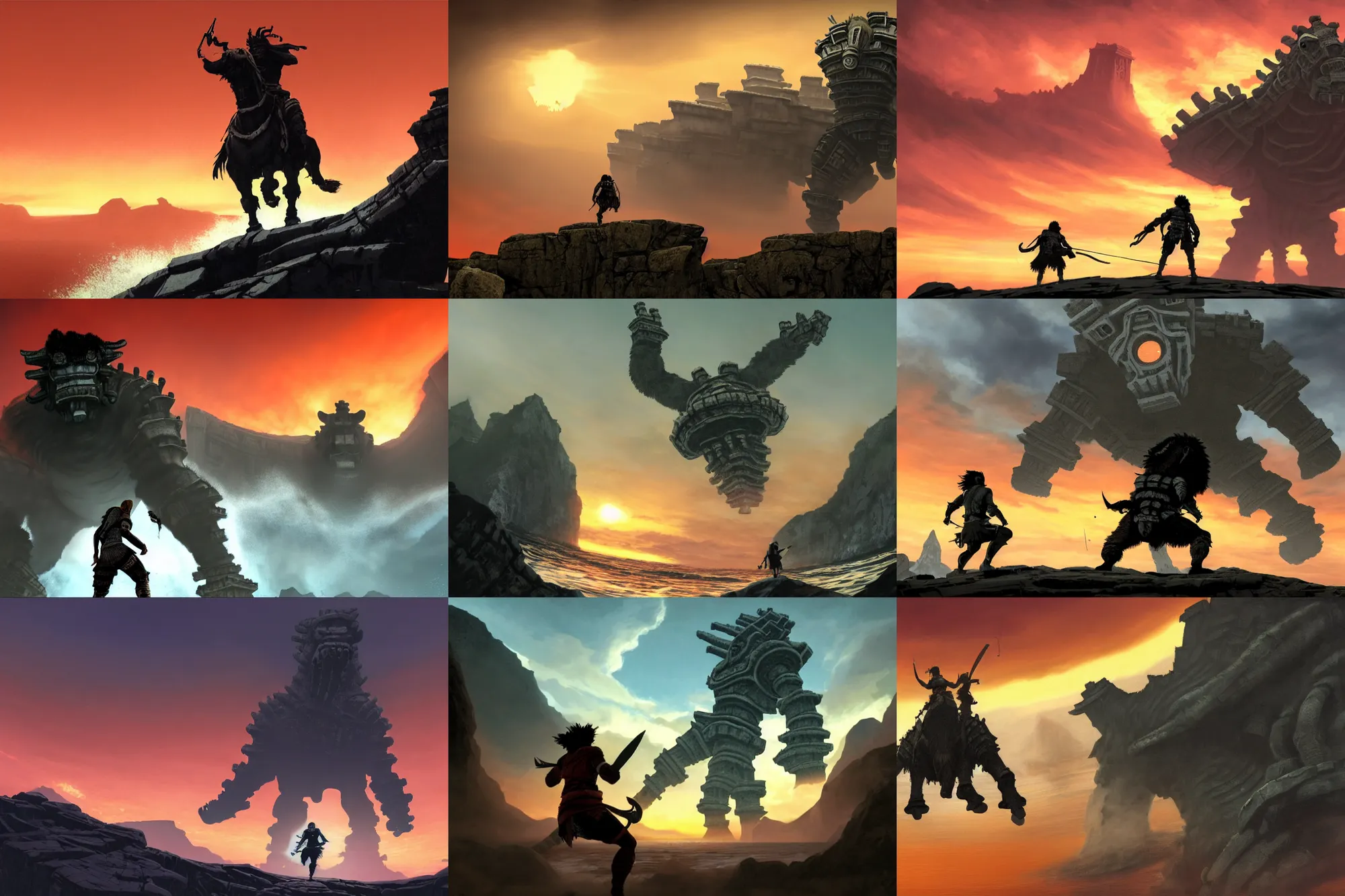 Prompt: incredible screenshot of shadow of the colossus on PS5, blinding red orange sky, dynamic camera angle, deep 3 point perspective, fish eye, dynamic extreme foreshortening of wander stabbing the weak-point on top of a winged hydra Colossus, huge ocean waves, by phil hale, ashley wood, geoff darrow, james jean, 8k, hd, high resolution print